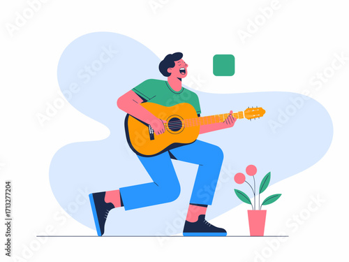 Passionate guitarist serenading with acoustic guitar, modern lifestyle illustration, original vector art