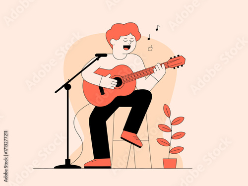 Passionate musician singing and playing guitar with energy and emotion, captivating performance