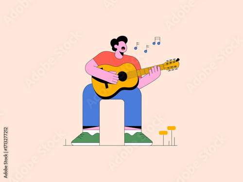 Energetic musician strumming a vibrant yellow guitar, singing with joy and passion in vector style