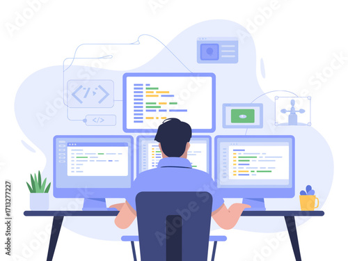 Developer coding complex system on multiple monitors, achieving digital innovation and project success