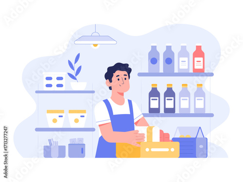 Dedicated shopkeeper arranging products with care, creating an inviting retail atmosphere for customers.