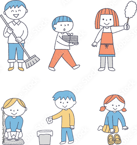 掃除をする子供たちのイラストセット