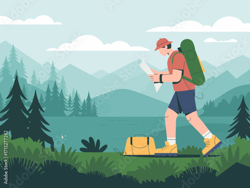 Adventurous hiker navigating scenic mountain landscape with backpack and map planning journey