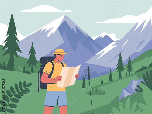 Adventurous hiker studies map amidst majestic mountain scenery, planning epic outdoor journey