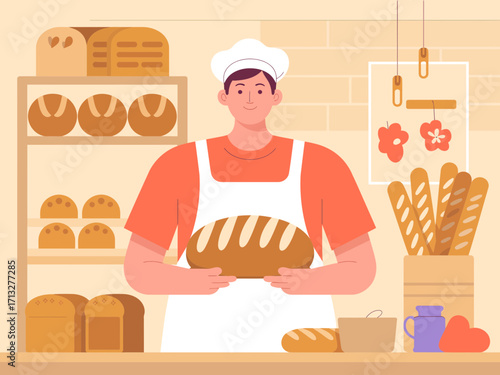 Skilled baker proudly presents fresh artisan loaf in warm bakery setting