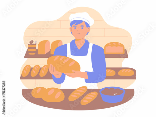 Skilled baker proudly displays fresh artisan bread, showcasing culinary passion and delicious baked goods.