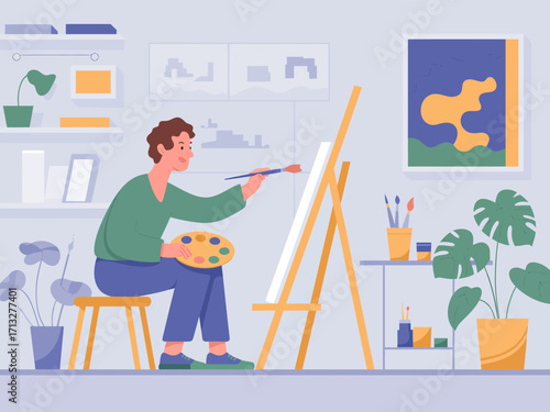 Artist creating vibrant masterpiece on easel in sunlit studio, capturing creative passion and inspiration