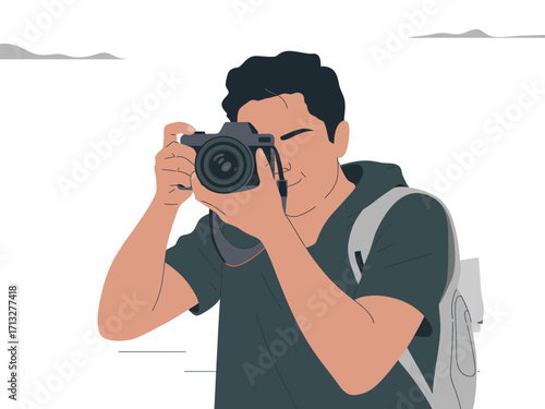 Passionate photographer capturing moments with professional camera, inspired by adventure and discovery