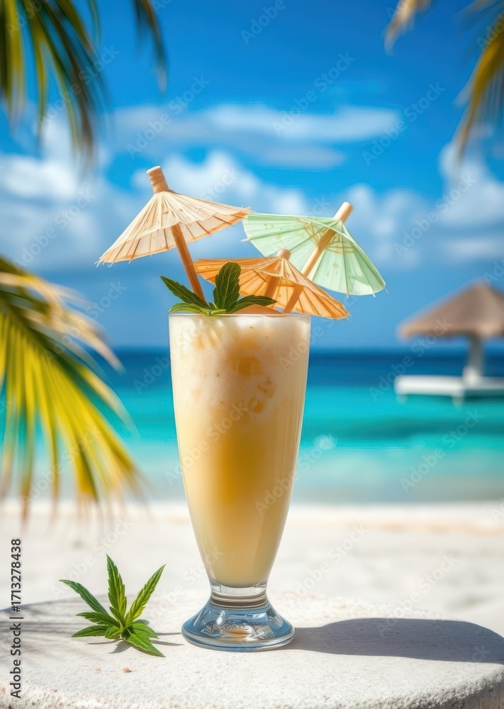 Obraz premium Fresh Coconut Drink with Umbrella on Tropical Beach Background drink, umbrella, cocktail, summer 
