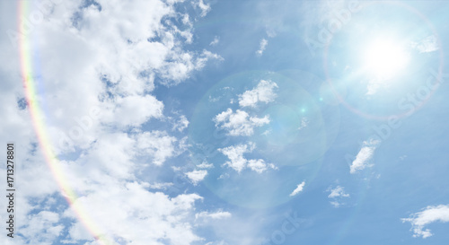 秋晴れ　強い日差しとレンズフレアの光　わふわした薄い雲と夏のようなさわやかな青空　風に流れる雲と美しい天気 