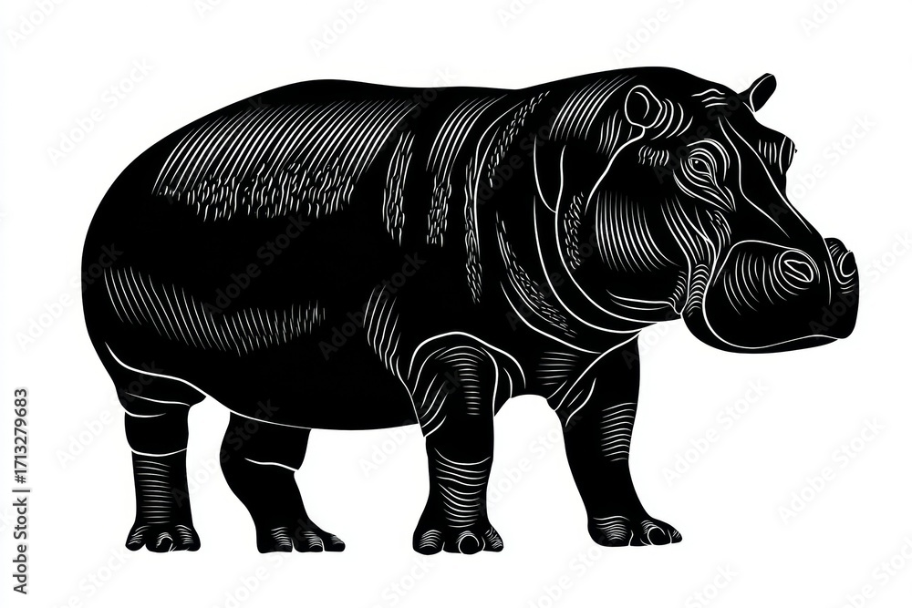 Fototapeta premium Black and white hippopotamus silhouette art illustration