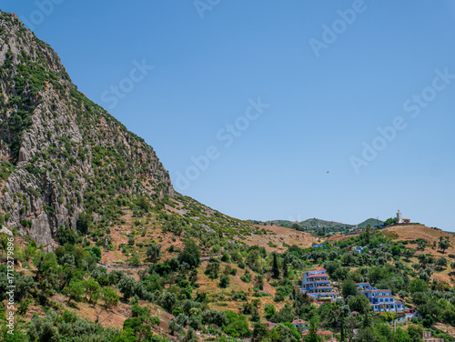 Mountain landscape near Chefchaouen with blue houses, Morocco
