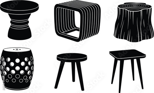 Collection of modern stools, wooden stool silhouettes, rustic log stools, designer furniture, decorative seating, stylish ottomans, contemporary home decor elements