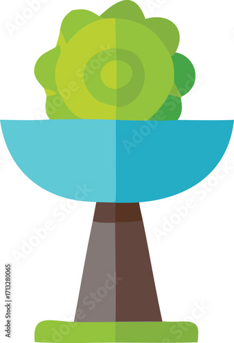 Stylized succulent plant in blue pot on geometric pedestal and green base simple flat design