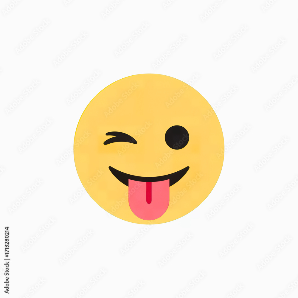 Fototapeta premium Funny emoji illustration of a yellow face with one eye winking and tongue sticking out.