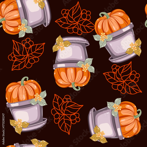 Pumpkin in a pot with leaves seamless pattern vector illustration 