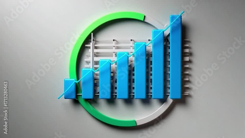 Blue bar graph with upward trend line inside green and white circle on gray background render