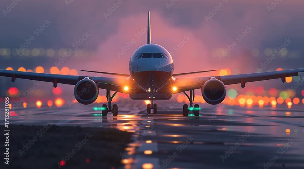 Airplane taking off at night with landing gear visible and lights on ...