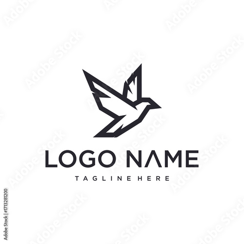 A minimalist black and white geometric bird logo in flight, with placeholder text 'LOGO NAME' and 'TAGLINE HERE' below it on a white background.