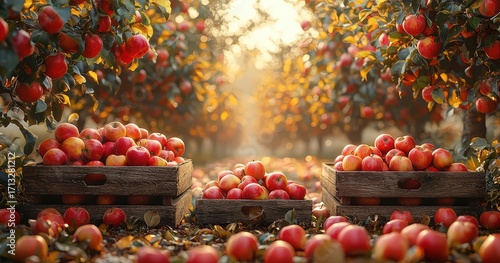 A Bountiful Apple Orchard featuring Freshly Harvested Apples beautifully arranged in Wooden Crates