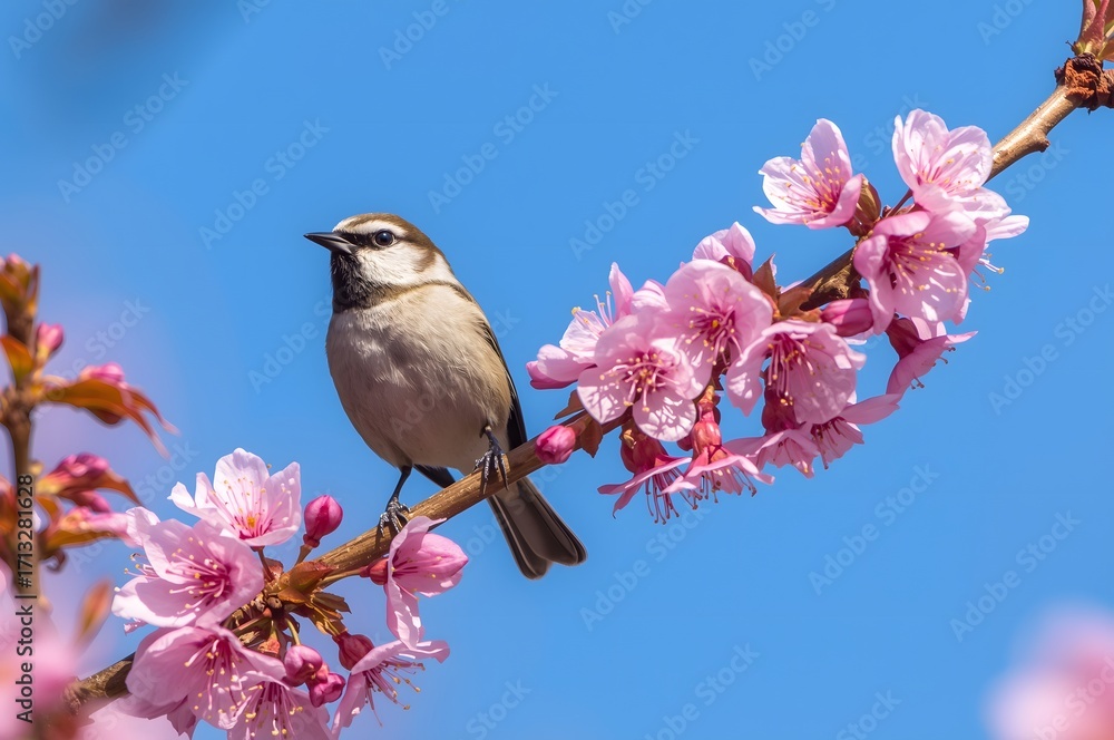 Fototapeta premium Warbling White-eye perched on cherry blossoms tree.