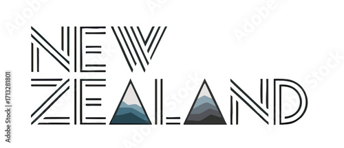 Modern New Zealand Typography Logo with Abstract Mountain Silhouette, Minimalist Black Line Art on Transparent Background