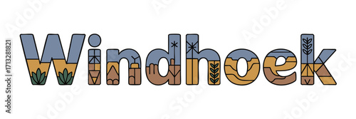Windhoek Typography Illustration with Desert Landscape Elements, Namibia Travel Art, Modern Flat Vector, Blue and Sand Colors
