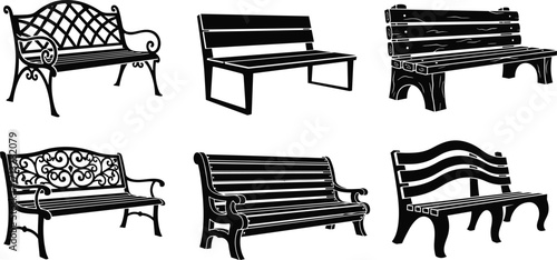 Collection of wooden benches, vintage park seating, outdoor garden furniture silhouettes, decorative metal benches, rustic style seating, urban landscape elements