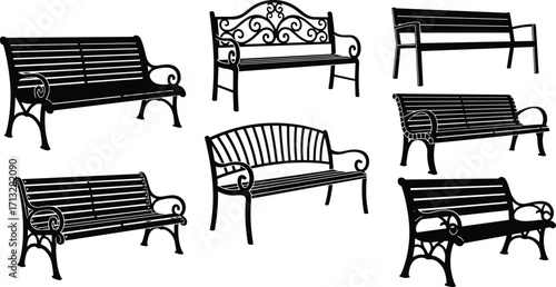 Collection of vintage park benches, outdoor garden seating, decorative wooden benches, black silhouette furniture set, urban landscape elements, retro style