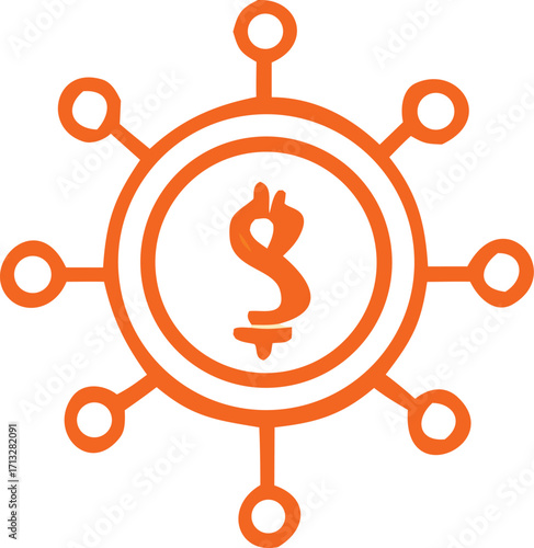 Orange dollar sign icon with radiating network connections representing financial network digital currency or investment opportunities.