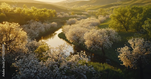 A breathtaking and picturesque blossom landscape featuring a scenic and tranquil river