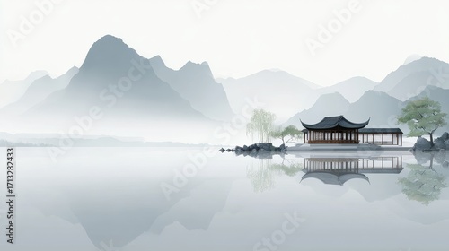 A serene Chinese style landscape featuring a pavilion by calm water with misty mountains in the background, showcasing traditional architecture and natural beauty.