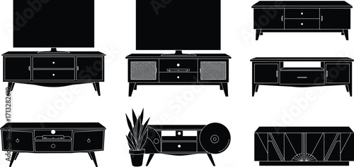 Modern TV cabinet, wooden sideboard, media console, storage furniture, entertainment stand, home decor, vector silhouette, vintage cupboard, drawers, illustration