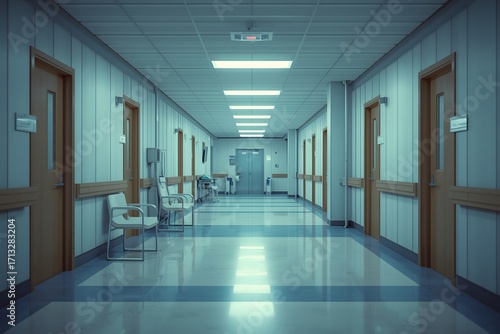 Empty modern hospital corridor, clinic hallway interior background.