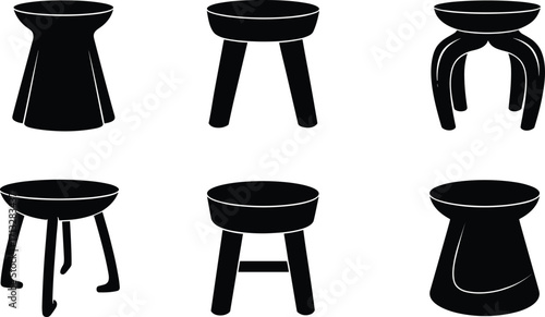 Modern wooden stool, round seat, furniture silhouette, vector illustration, interior design element, decorative chair, simple shape, minimalist home decor