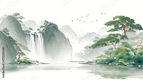 A beautiful Chinese landscape painting featuring a waterfall, pine trees, mountains, and a calm river with birds flying in the sky.