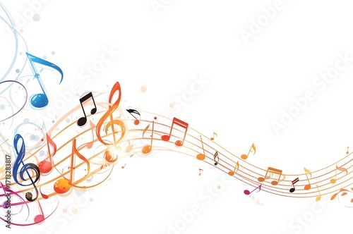 A minimalist design with abstract musical notes in bright blues, reds, and yellows on a white background.