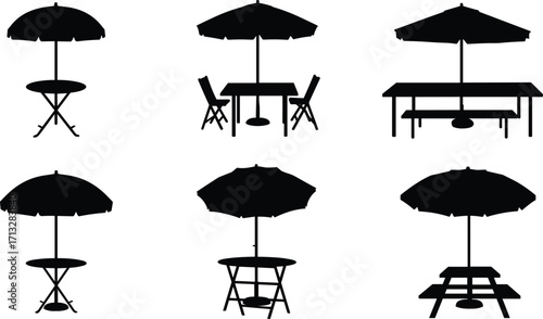 Outdoor patio tables with umbrellas, garden chairs seating, picnic benches design, summer dining furniture set, vector illustration, black silhouette art