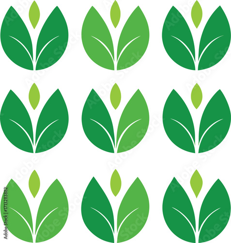 Nine vibrant green leaf logos seamless pattern symbolizing growth nature and eco-friendly businesses representing freshness and sustainability