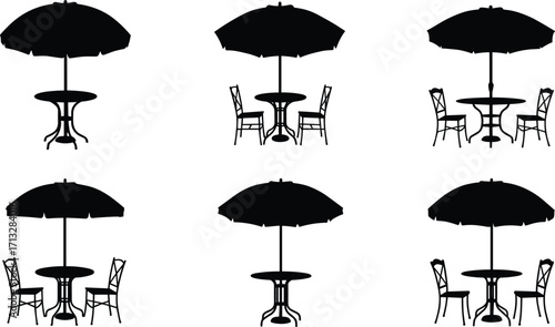 Outdoor patio tables with umbrellas, garden chairs seating, summer dining furniture set, shaded picnic area, vector illustration, black silhouette