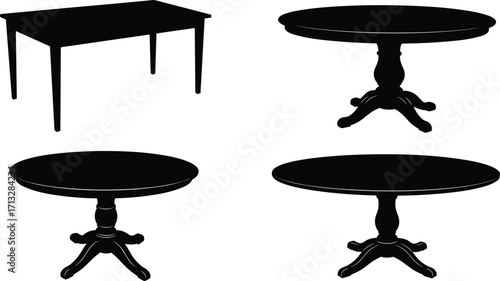 Round dining tables, wooden furniture silhouettes, classic home decor design, vintage table vector, elegant round desk, rustic furniture illustration