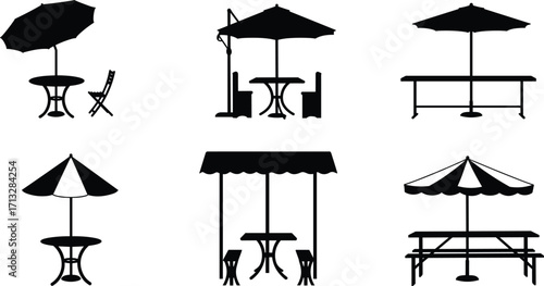 Outdoor patio tables with umbrellas, garden furniture silhouettes, picnic benches, shaded seating design, summer dining set, vector illustration collection