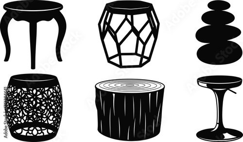 Set of decorative stools, modern log stools, stylish wooden stools, stone stools, unique furniture silhouettes, contemporary seating design, rustic home decor