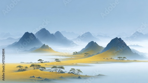 A tranquil landscape featuring misty mountains and expansive yellow fields, creating a peaceful natural scenery.