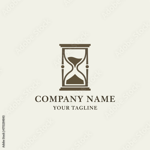 Hourglass logo design with company name and tagline on beige background.