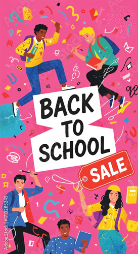 Adobe illustrator artwork vector illustration. Five diverse, energetic students celebrate "Back to School Sale" with school supplies and confetti on a vibrant pink background