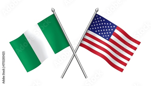 Two national flags, the flag of Nigeria and the flag of the United States, are crossed against a plain white background.