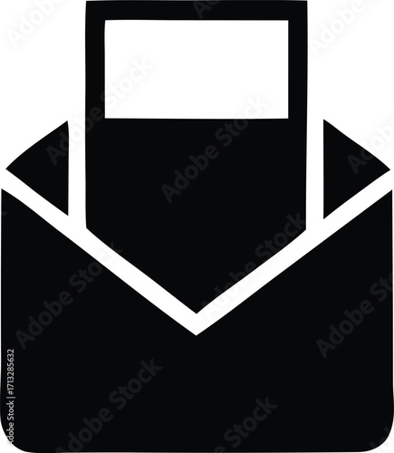 Simple black and white icon of an envelope with a document emerging indicating communication or mail delivery services for digital platforms