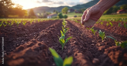 Hand Seeding of Various Crops in a Beautiful and Fertile Landscape at Sunset Time