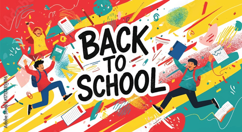 Adobe illustrator artwork vector illustration. Dynamic "Back to School Sale" banner with excited students jumping, surrounded by school supplies and abstract colorful shapes